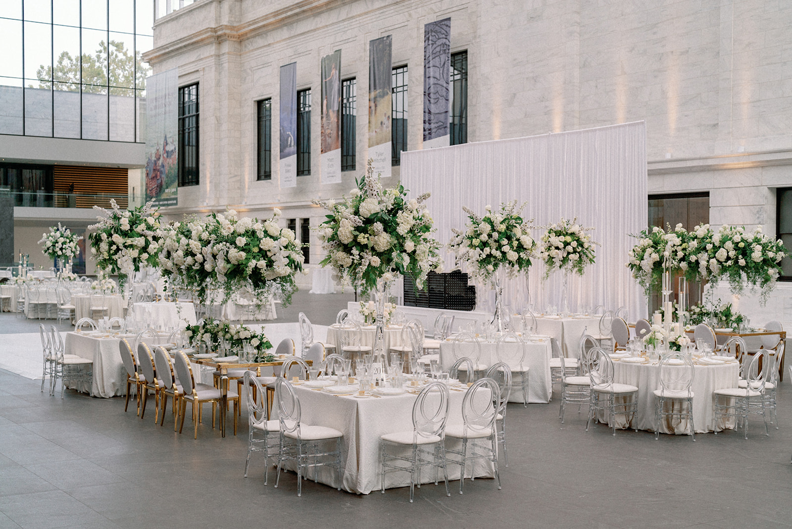 Gold and White Wedding Reception with elevated centerpieces at the Cleveland Museum of Art by HeatherLily