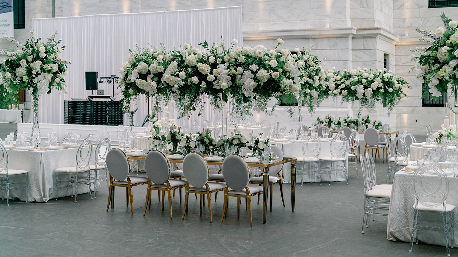 Cleveland Museum of Art, Gold and White Wedding Reception with elevated centerpieces at the Cleveland Museum of Art by HeatherLily