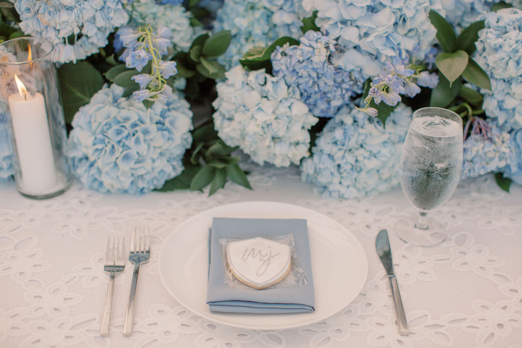 Table setting at Blue and White Ohio wedding by HeatherLily