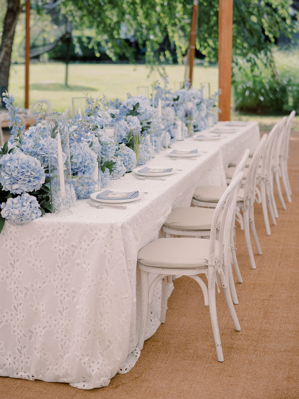 Blue Hydrangea runner on wedding reception table. Wedding done by HeatherLily.