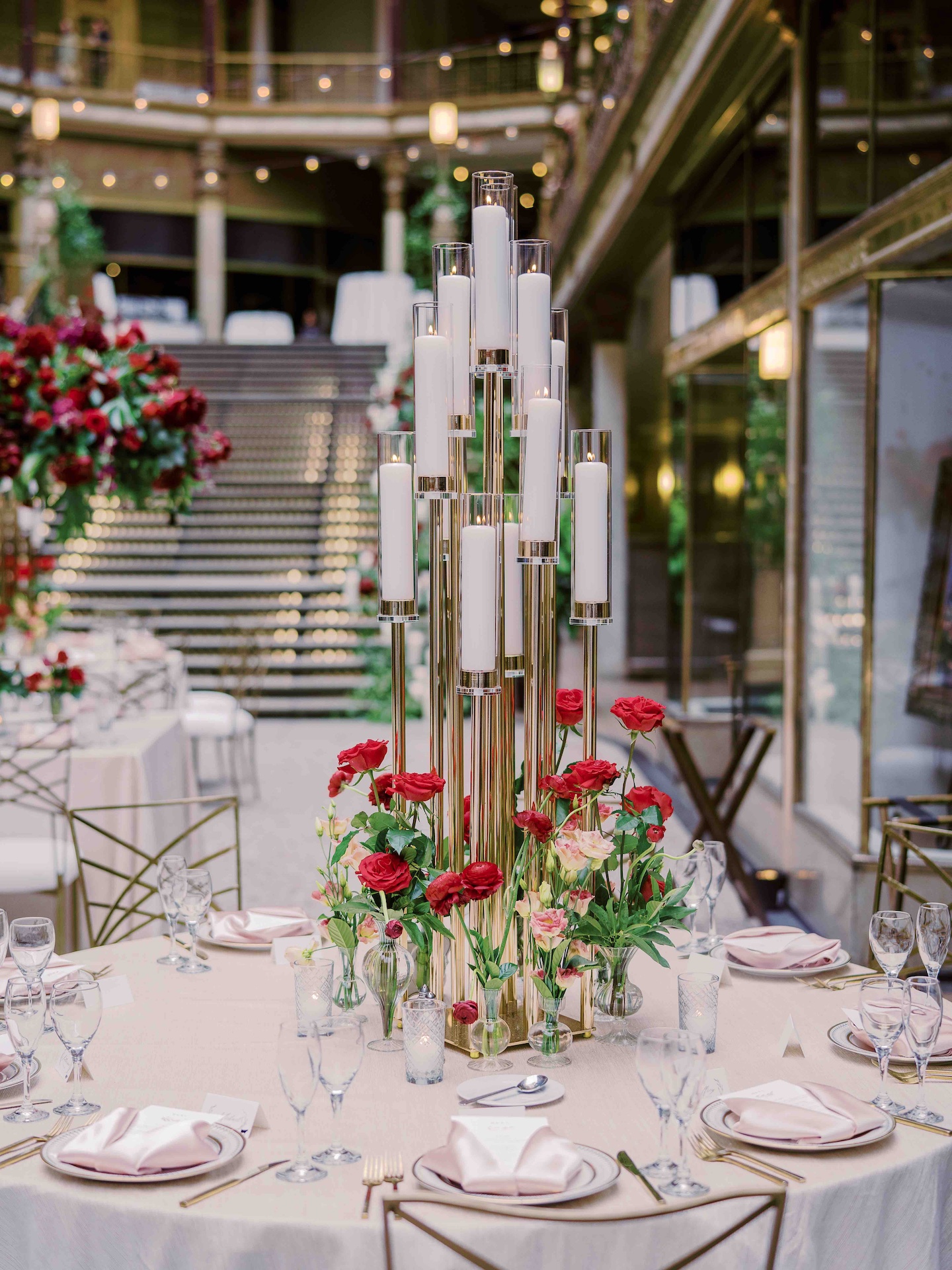 Gold Tall Centerpiece at Hyatt Cleveland in winter, flowers by HeatherLily