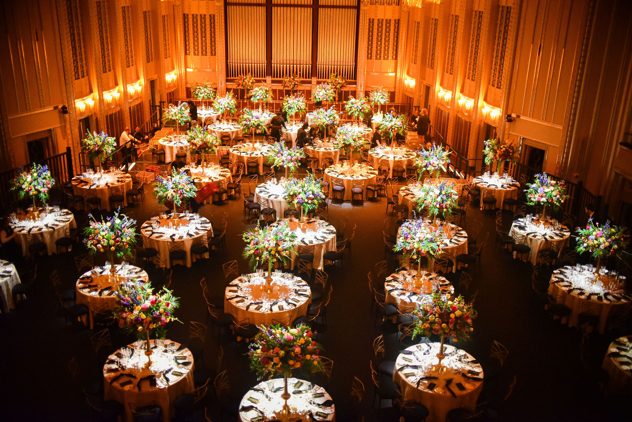 Centerpieces on the Concert Hall Stage at Severance Hall, view from the mezzanine, flowers by HeatherLily